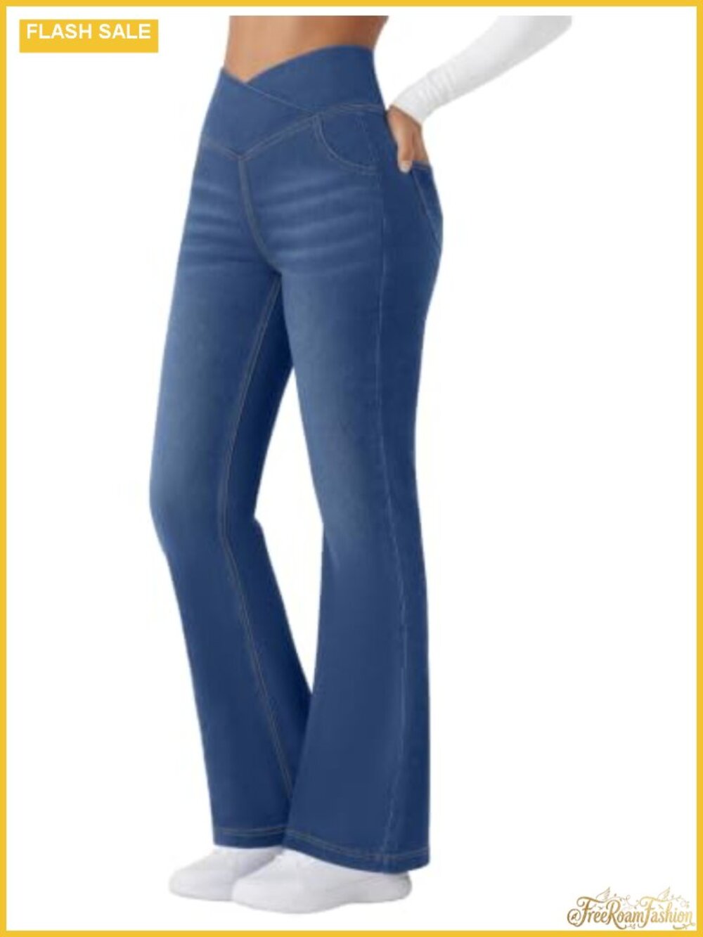 High Waisted Crossover Flare Jeans Bootcut Pull-On Denim